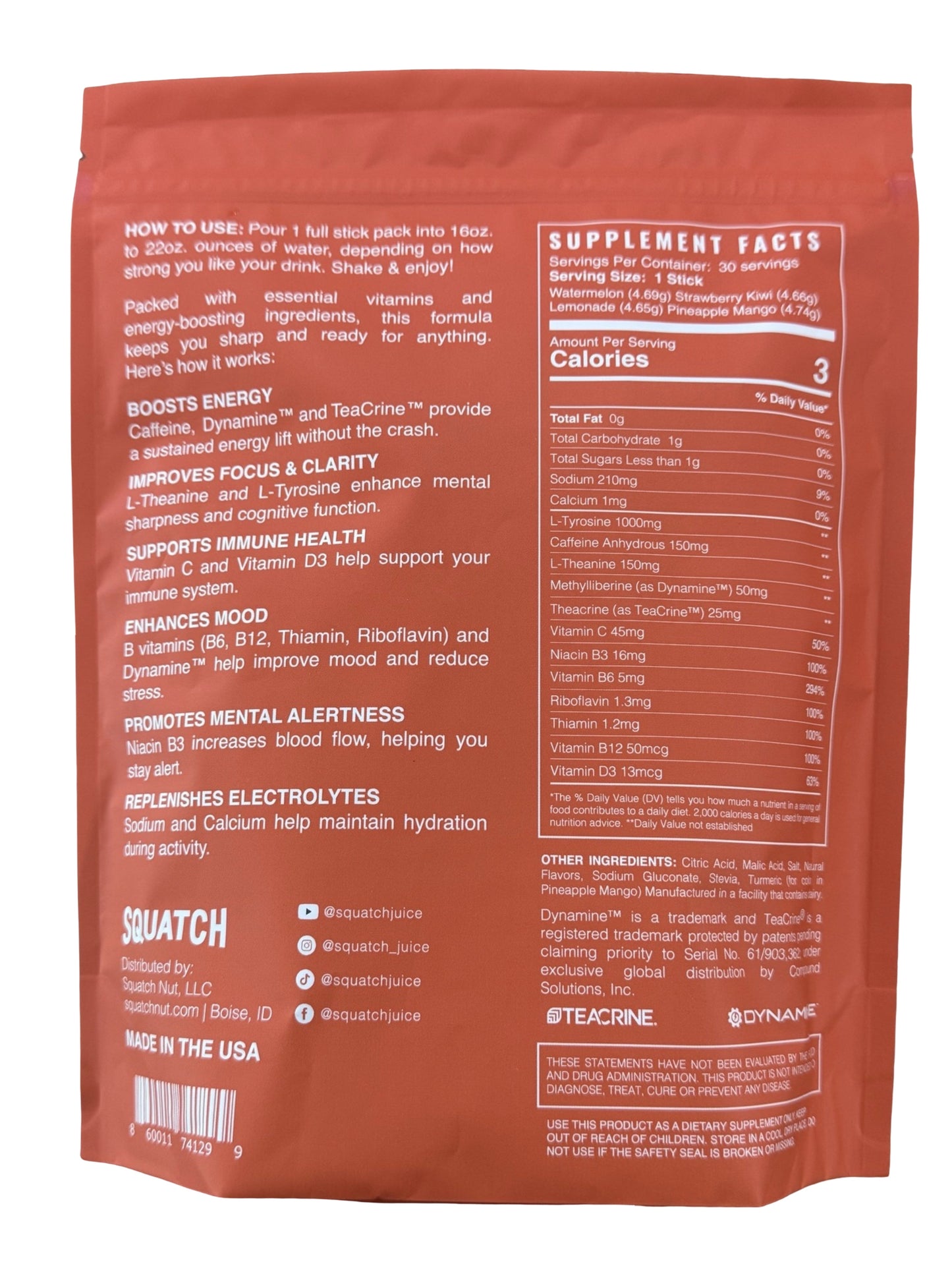 Squatch Juice Energy + Focus - 30 Sticks - Pineapple/Mango, Watermelon, Lemonade, Strawberry/Kiwi