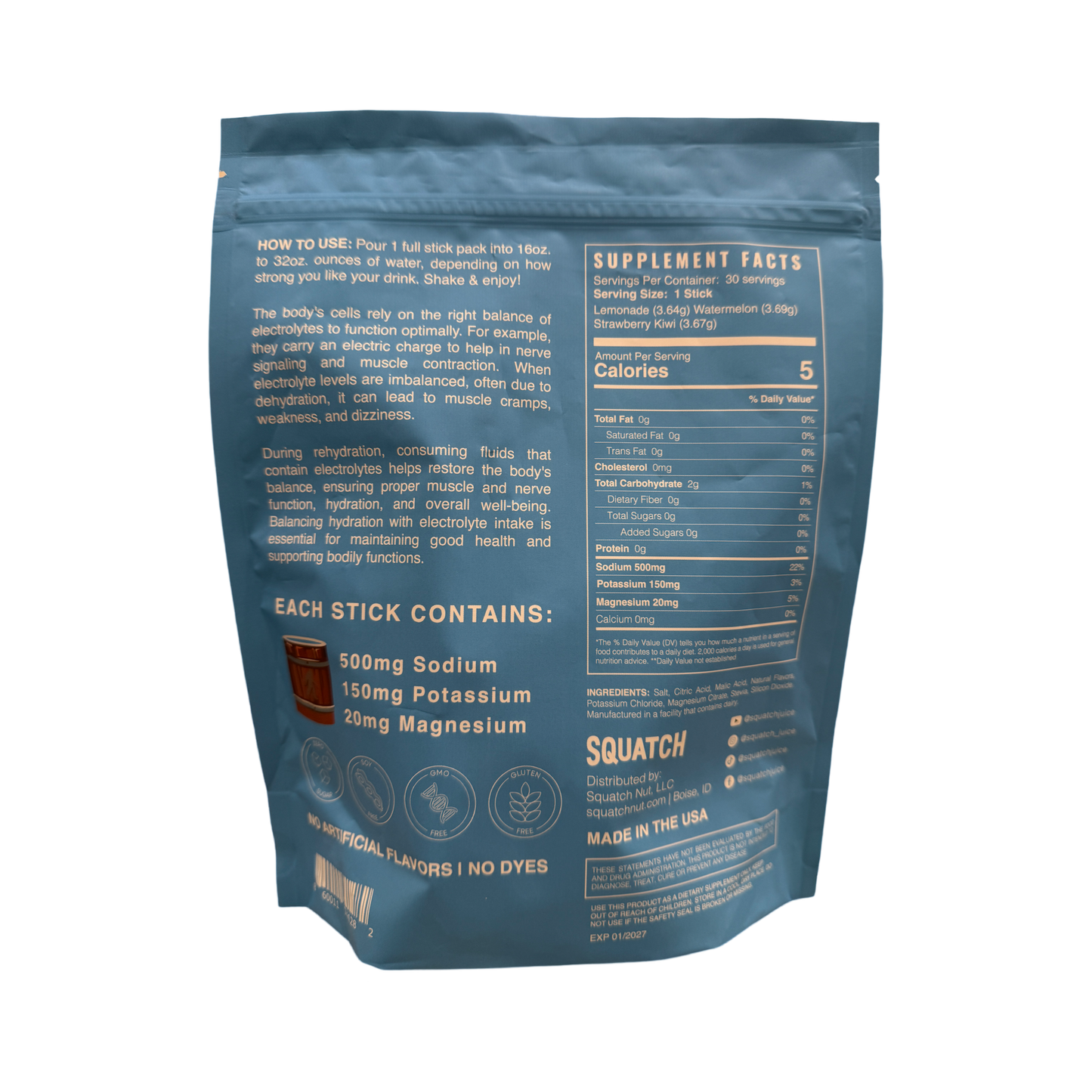 Squatch Juice Hydration - 30 Sticks - Pineapple/Mango, Watermelon, Lemonade, Strawberry/Kiwi