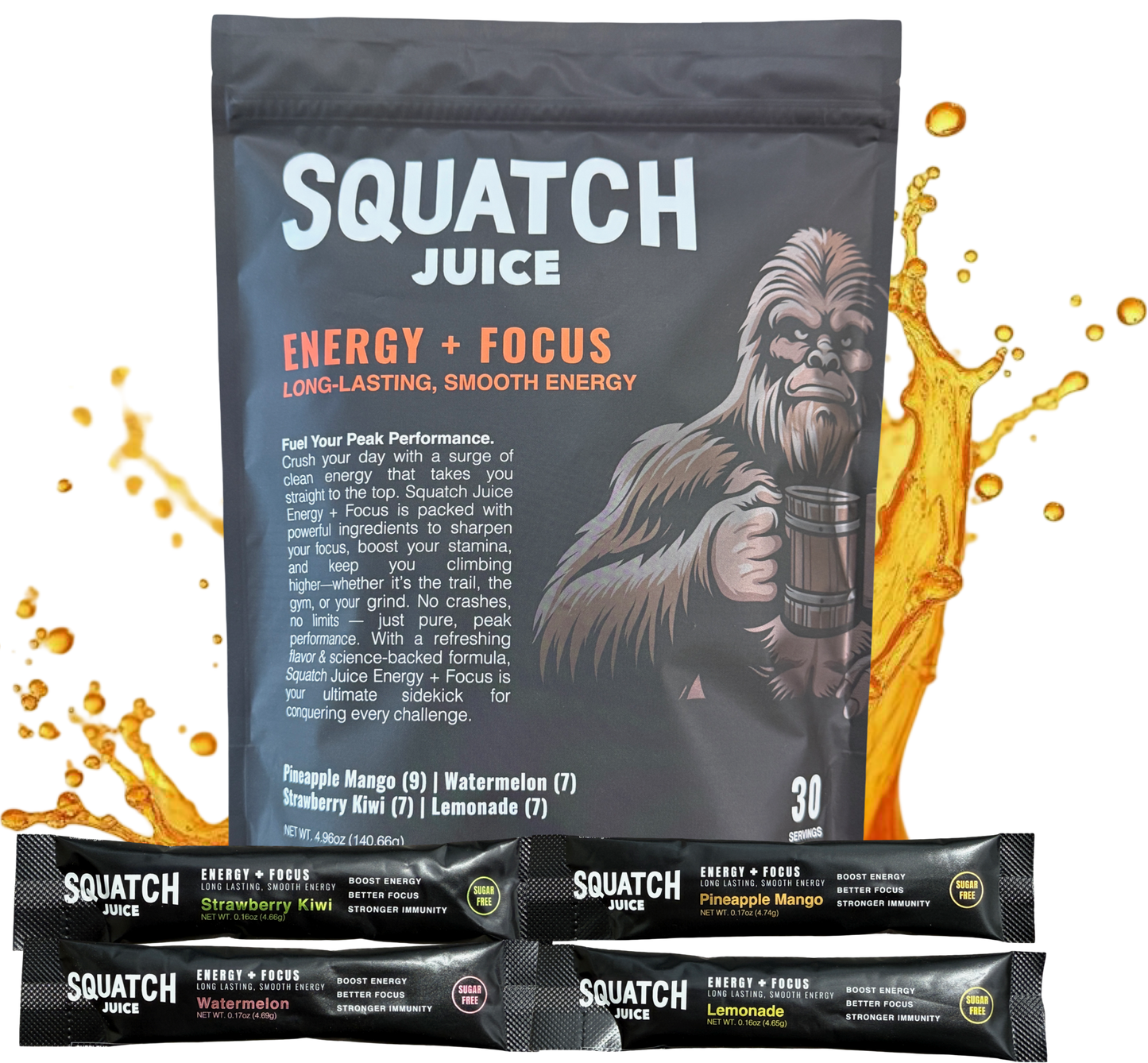 Squatch Juice Energy + Focus - 30 Sticks - Pineapple/Mango, Watermelon, Lemonade, Strawberry/Kiwi